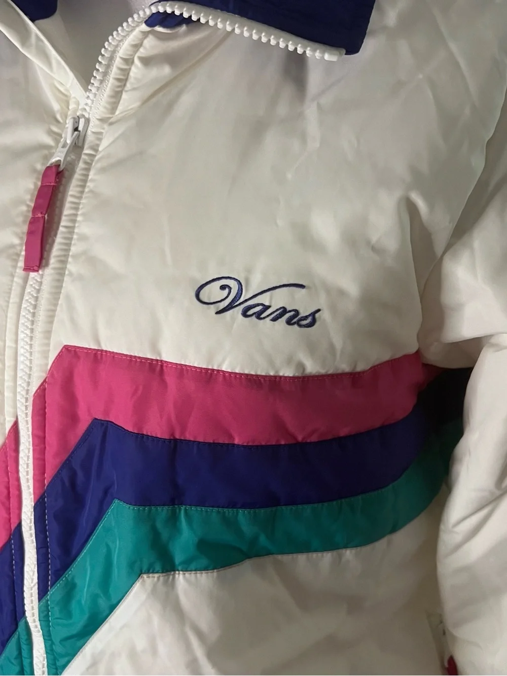 Vans White Colorblock Puffer Jacket with Pink, Teal & Purple Accents